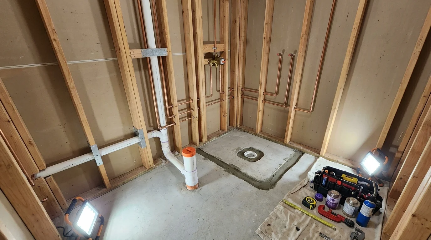 Bathroom rough-in plumbing during remodel by Johns Plumbing LLC in Yutan
