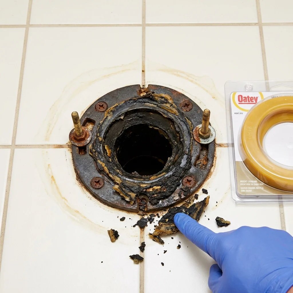 Failed wax ring showing water seepage at the base of a toilet in a Yutan, NE home