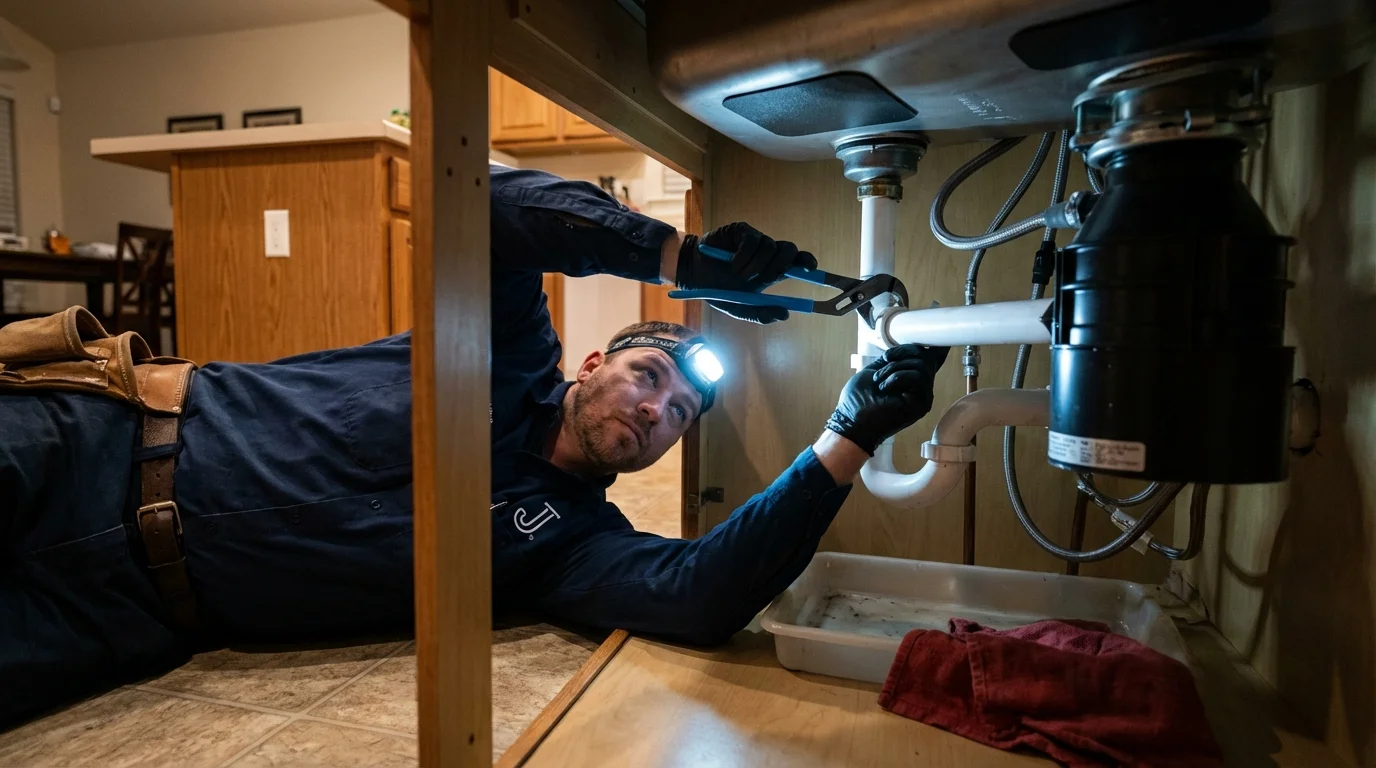 P-trap and supply line connections under a kitchen sink showing a common leak point in Yutan, NE